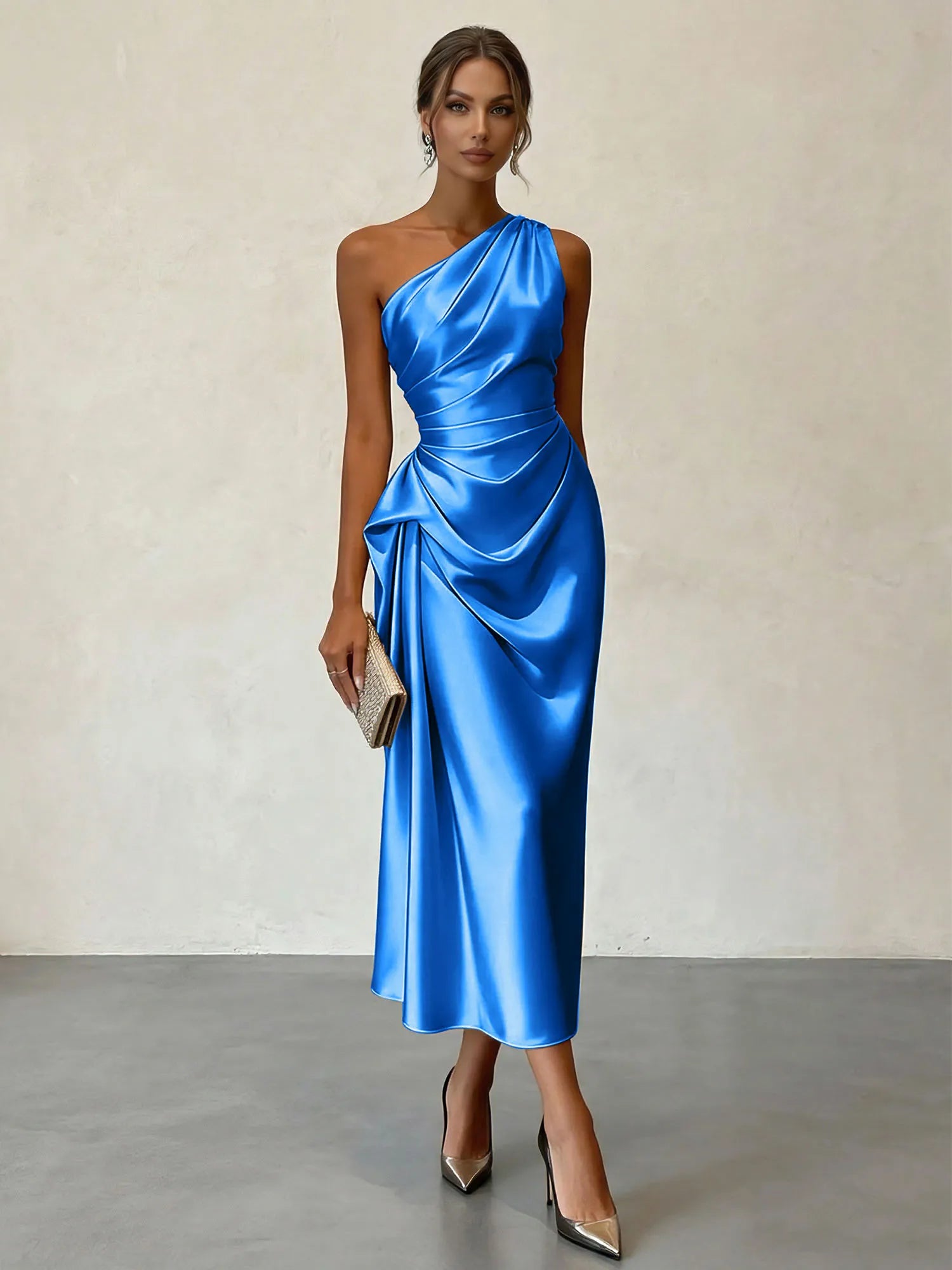 Champagne Ruched Satin One Shoulder Sleeveless Sheath Midi Dress