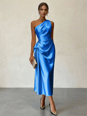 Champagne Ruched Satin One Shoulder Sleeveless Sheath Midi Dress