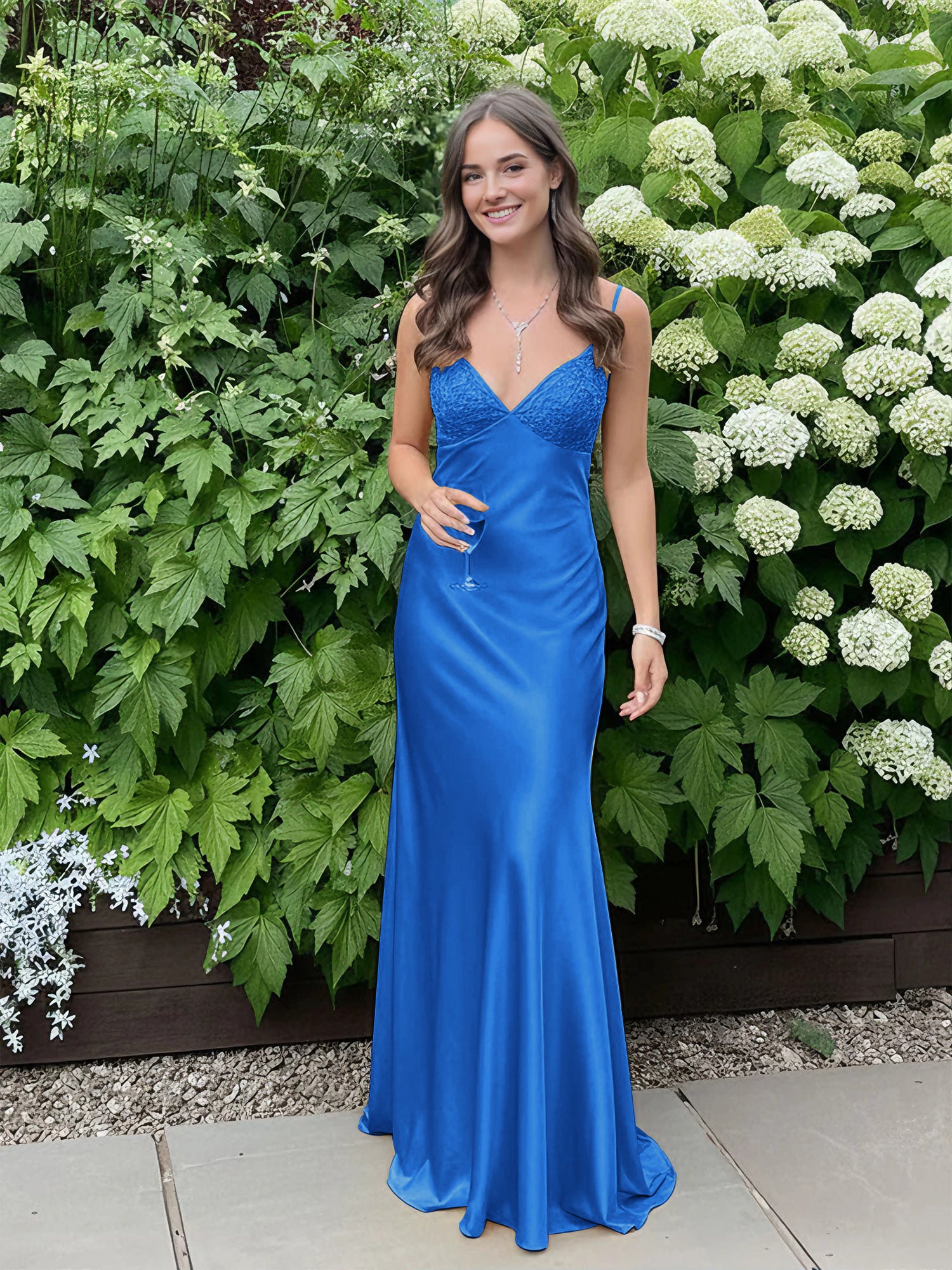 Blue A Line V-neck Beaded Back Tie Long Prom Dress