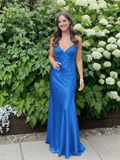 Blue A Line V-neck Beaded Back Tie Long Prom Dress