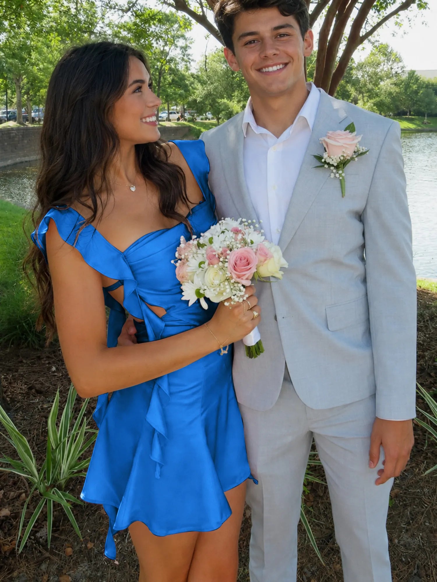Ruffle Strap Short Homecoming Dress with Cutouts