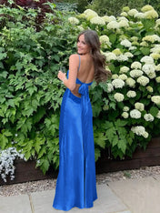 Blue A Line V-neck Beaded Back Tie Long Prom Dress