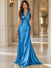 Elegant and Luxurious Cowl-neck Champagne Gold Satin Maxi Dress