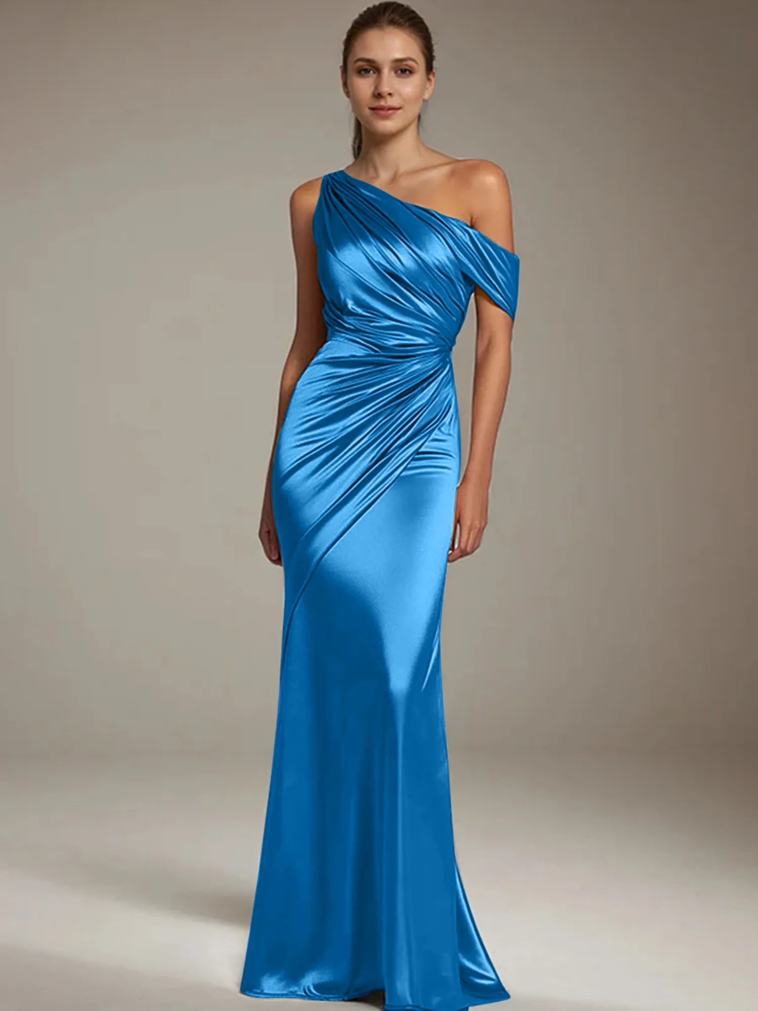 Formal Party Satin Dress Silver One-Shoulder Pleated  Floor-Length Dress