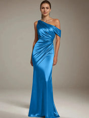 Formal Party Satin Dress Silver One-Shoulder Pleated  Floor-Length Dress