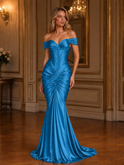 Burgundy Off-The-Shoulder Ruched Mermaid Floor-Length Gown Dress