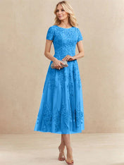 A-line Scoop Tea-Length Tulle Lace Mother of the Bride Dress