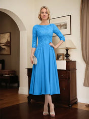 A-line Scoop Illusion Tea-Length Chiffon Lace Mother of the Bride Dress With Beading Sequins