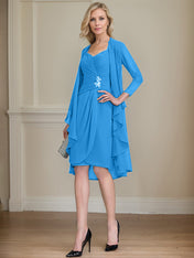 Sheath/Column Sweetheart Knee-Length Chiffon Mother of the Bride Dress With Beading Appliques Lace Sequins Pleated