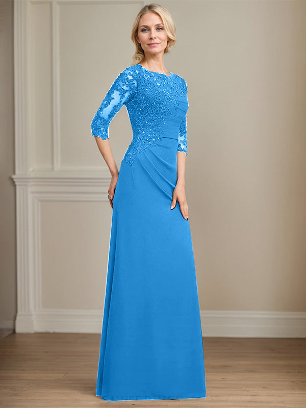 A-line Scoop Floor-Length Chiffon Lace Mother of the Bride Dress With Beading Pleated Sequins