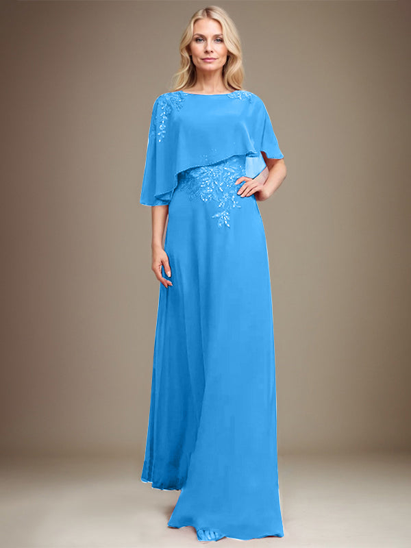 A-line Scoop Floor-Length Chiffon Lace Mother of the Bride Dress With Sequins Beading