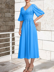 A-line V-Neck Tea-Length Lace Chiffon Mother of the Bride Dress With Pleated