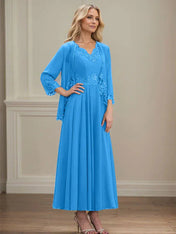 A-line V-Neck Ankle-Length Chiffon Mother of the Bride Dress With Sequins Appliques Lace Beading