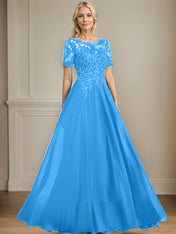 A-line Scoop Illusion Floor-Length Chiffon Lace Mother of the Bride Dress With Sequins Beading