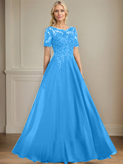 A-line Scoop Illusion Floor-Length Chiffon Lace Mother of the Bride Dress With Sequins Beading