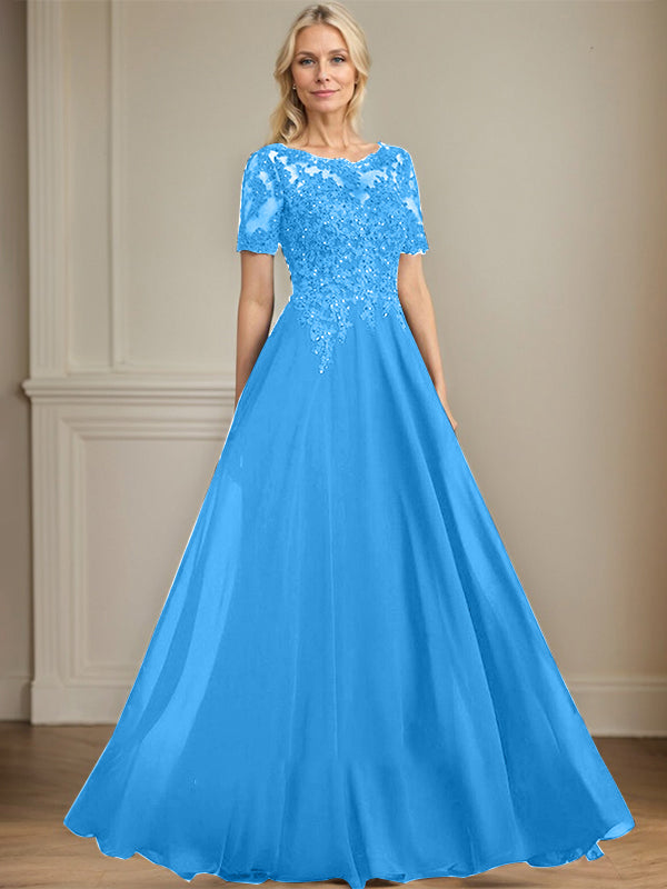 A-line Scoop Illusion Floor-Length Chiffon Lace Mother of the Bride Dress With Sequins Beading