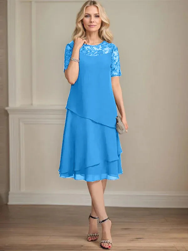A-line Scoop Illusion Knee-Length Lace Chiffon Mother of the Bride Dress With Sequins