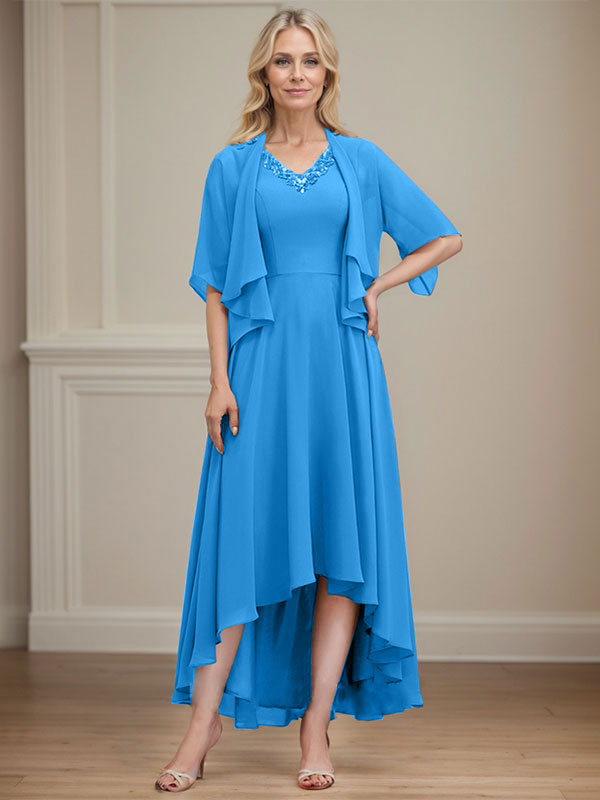 A-line V-Neck Asymmetrical Chiffon Mother of the Bride Dress With Beading Sequins
