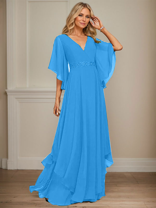 A-line V-Neck Floor-Length Chiffon Mother of the Bride Dress With Sequins Appliques Lace Beading