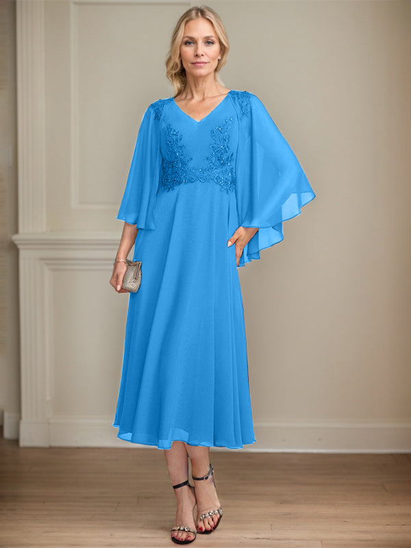 A-line V-Neck Tea-Length Chiffon Lace Mother of the Bride Dress With Beading Sequins