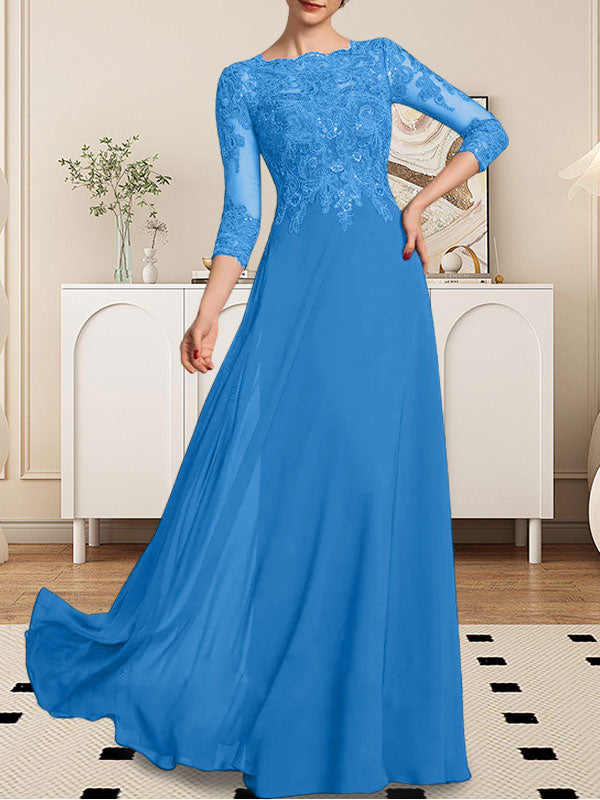 A-line Scoop Floor-Length Lace Chiffon Mother of the Bride Dress With Sequins