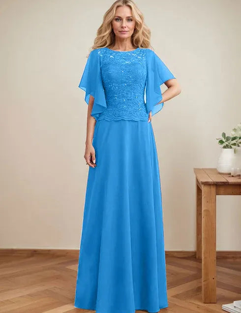 A-line Scoop Illusion Floor-Length Lace Chiffon Mother of the Bride Dress With Sequins