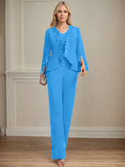 Separates Jumpsuit/Pantsuit V-Neck Floor-Length Chiffon Mother of the Bride Dress