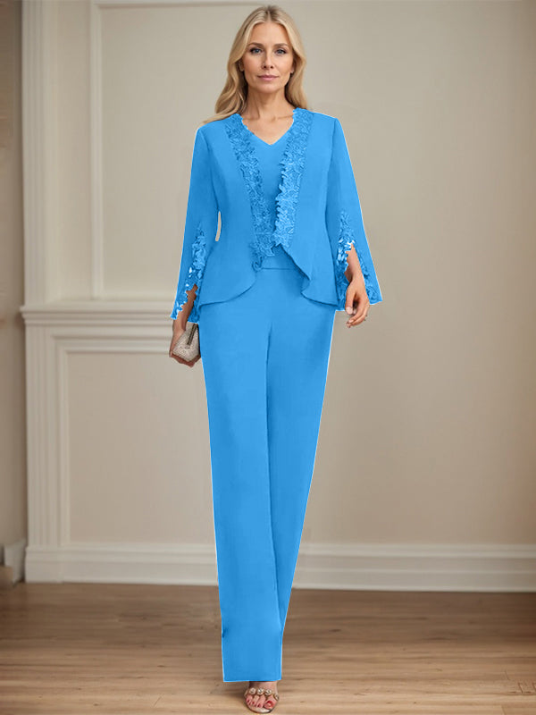 Separates Jumpsuit/Pantsuit V-Neck Floor-Length Chiffon Mother of the Bride Dress