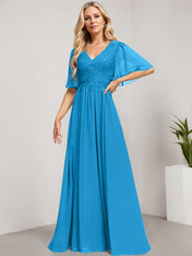 A-line V-Neck Floor-Length Lace Chiffon Mother of the Bride Dress With Sequins