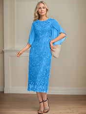 Sheath/Column Scoop Tea-Length Lace Chiffon Mother of the Bride Dress