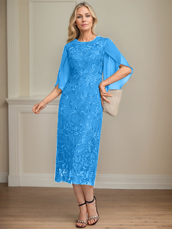Column Scoop Tea-Length Lace Chiffon Mother of the Bride Dress