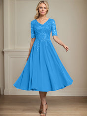 A-line V-Neck Tea-Length Lace Chiffon Mother of the Bride Dress With Sequins