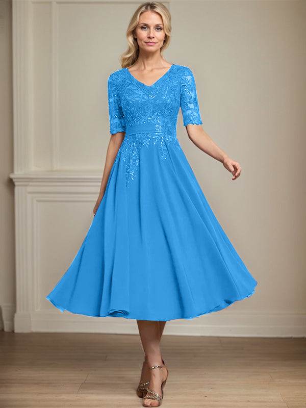 A-line V-Neck Tea-Length Lace Chiffon Mother of the Bride Dress With Sequins