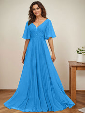 A-line V-Neck Floor-Length Chiffon Mother of the Bride Dress With Sequins Appliques Lace Pleated
