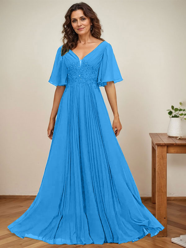 A-line V-Neck Floor-Length Chiffon Mother of the Bride Dress With Sequins Appliques Lace Pleated