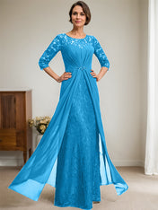 A-Line Scoop Illusion Floor-Length Lace Chiffon Mother Of the Bride Dress With Beading Ruffles