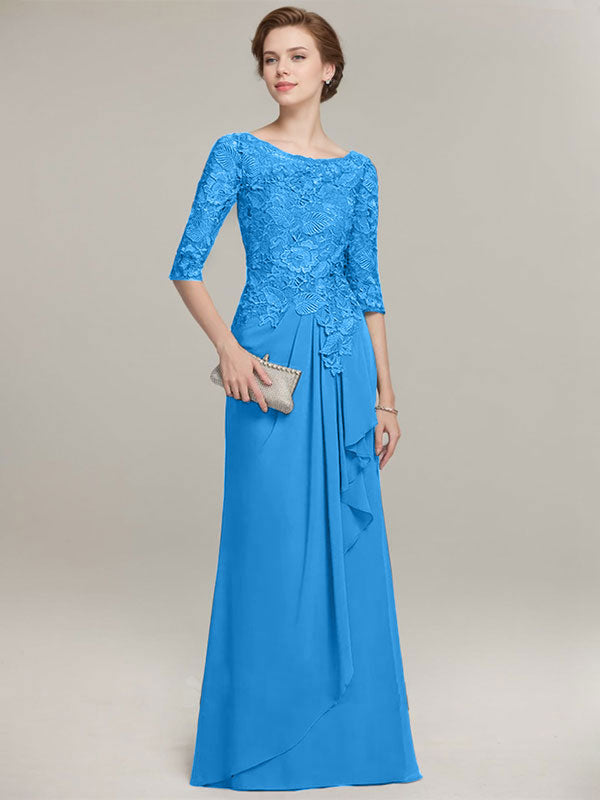 A-line Scoop Illusion Floor-Length Lace Chiffon Mother of the Bride Dress With Cascading Ruffles