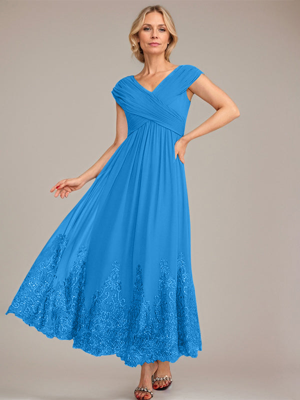 A-line V-Neck Ankle-Length Chiffon Mother of the Bride Dress With Applique Sequins