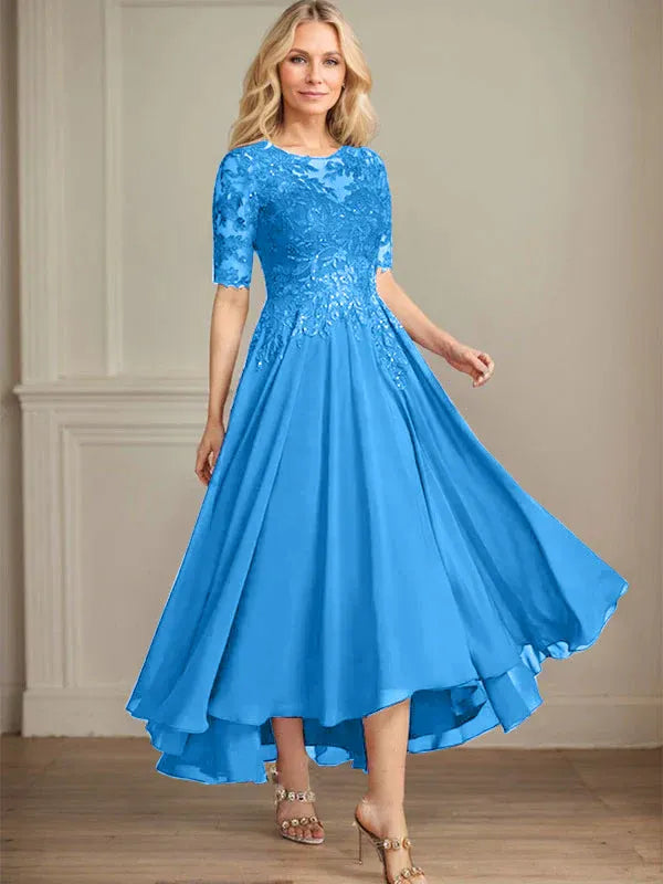 A-line Scoop Illusion Asymmetrical Chiffon Lace Mother of the Bride Dress With Sequins