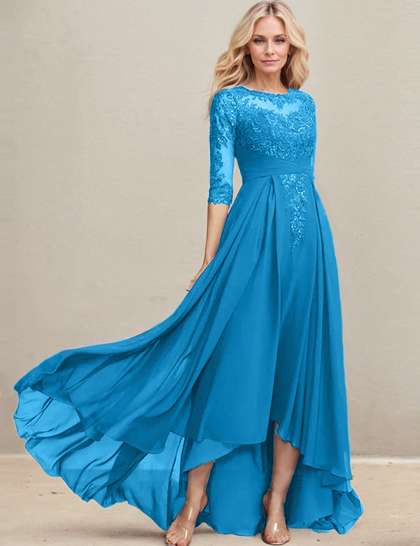 Robe de mère de la mariée asymétrique en mousseline de soie et dentelle, coupe trapèze, décolleté en V, avec sequins plissés 