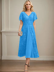 A-line V-Neck Tea-Length Lace Chiffon Mother of the Bride Dress