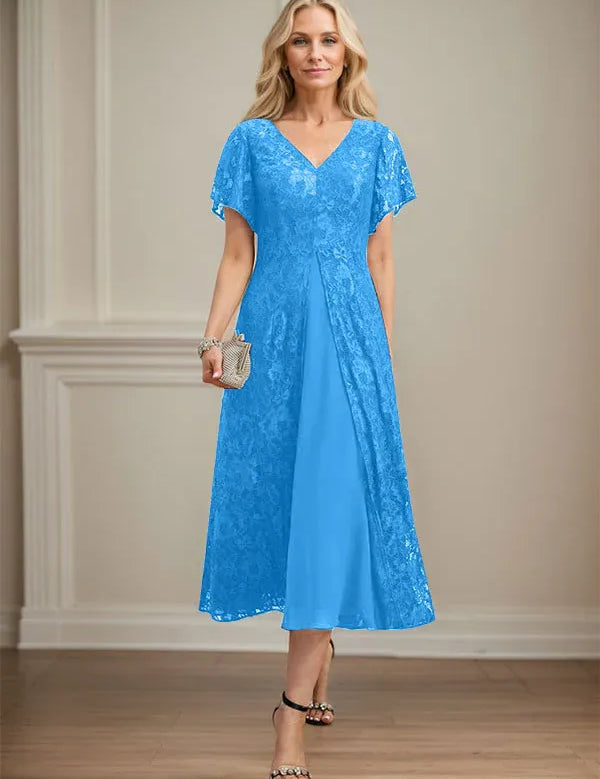 A-line V-Neck Tea-Length Lace Chiffon Mother of the Bride Dress