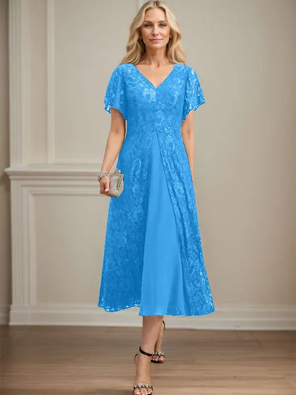 Robe de mère de la mariée en mousseline de soie, coupe trapèze, col en V et longueur thé 