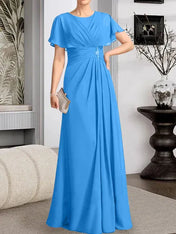 A-line Scoop Floor-Length Chiffon Mother of the Bride Dress With Pleated Beading