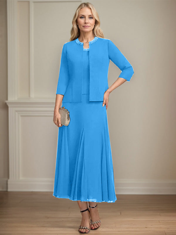 Separates A-line Scoop Tea-Length Chiffon Mother of the Bride Dress With Sequins Beading