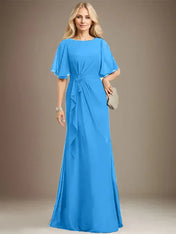 A-line Scoop Floor-Length Chiffon Mother of the Bride Dress With Cascading Ruffles Beading Sequins