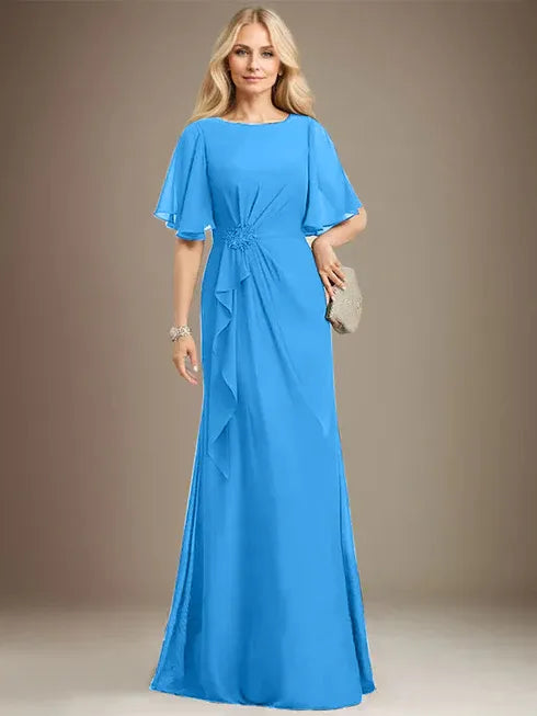 A-line Scoop Floor-Length Chiffon Mother of the Bride Dress With Cascading Ruffles Beading Sequins