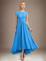 A-line Scoop Illusion Asymmetrical Lace Chiffon Mother of the Bride Dress With Pleated