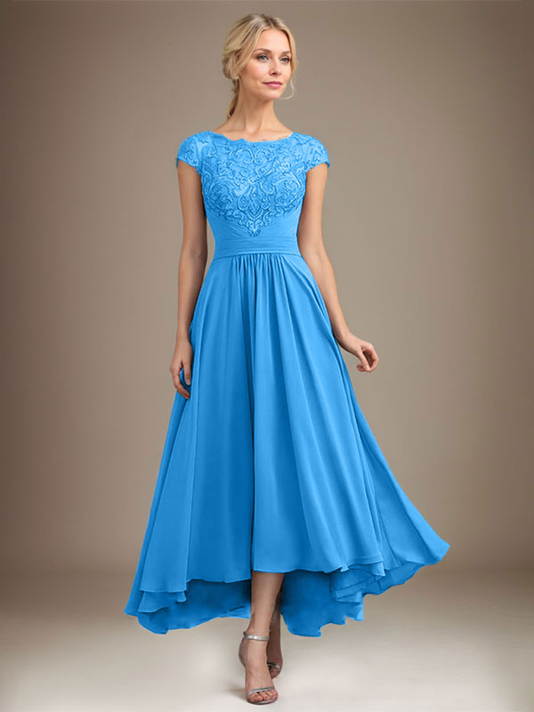 A-line Scoop Illusion Asymmetrical Lace Chiffon Mother of the Bride Dress With Pleated