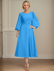 A-line Scoop Tea-Length Chiffon Mother of the Bride Dress With Crystal Brooch Pleated